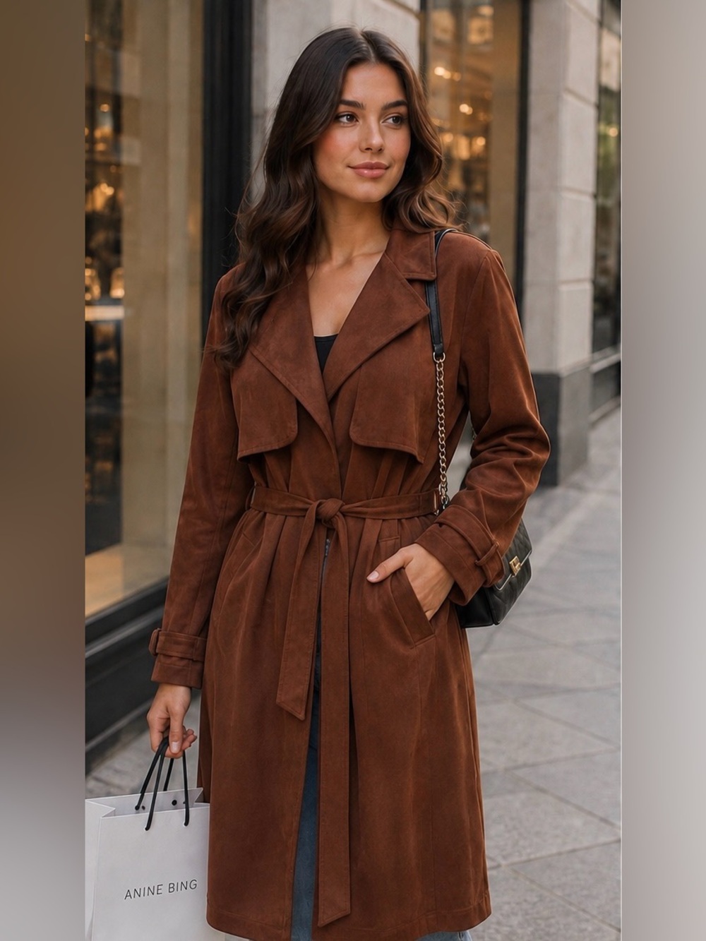 OAT New York Womens 1X XL Brown Faux Suede Trench Coat Belted Draped Long Jacket